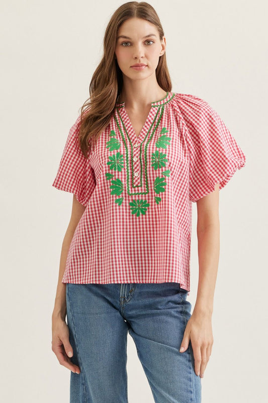 PLAID FLUTTER SLEEVE WITH FLORAL EMBROIDERY - HOT PINK