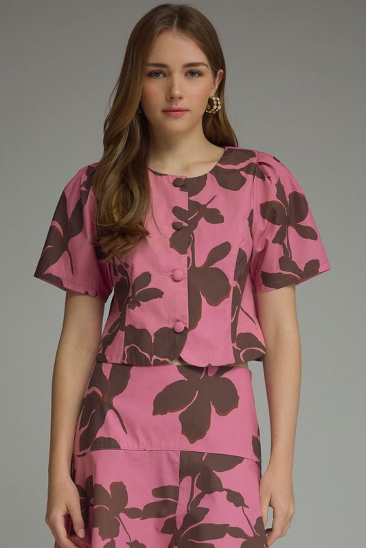 FLORAL PRINT SHORT SLEEVE TOP - PINK/BROWN
