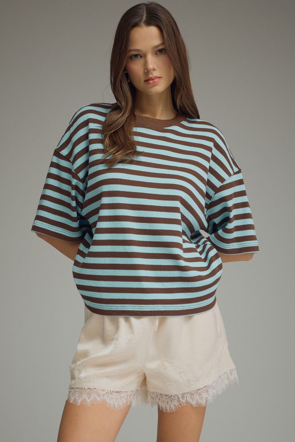 STRIPED SHORT SLEEVE TOP RIBBED TEXTURE - BLUE/BROWN
