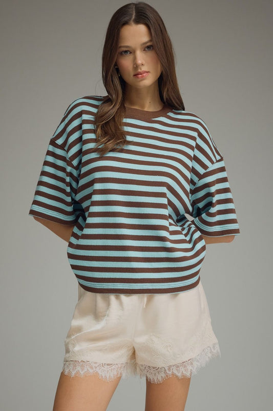 STRIPED SHORT SLEEVE TOP RIBBED TEXTURE - BLUE/BROWN