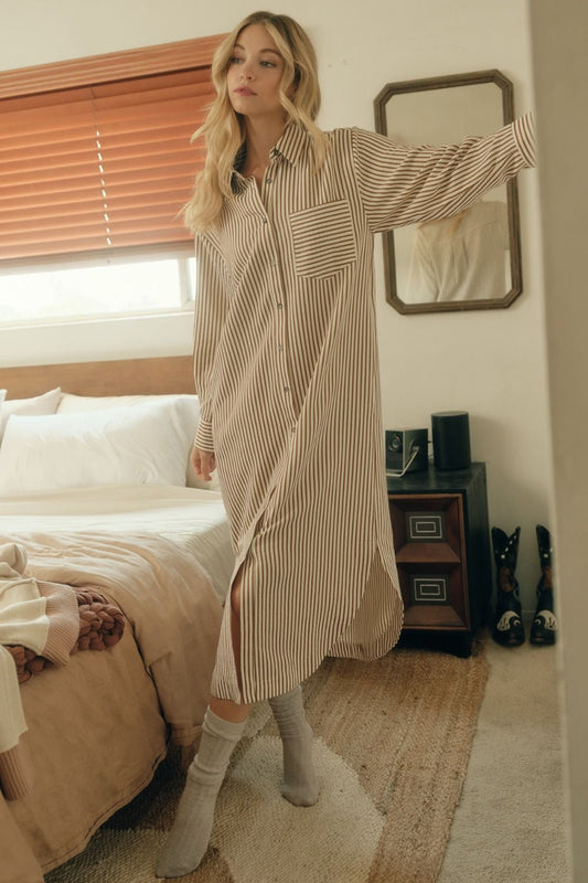 TEXTURED STRIPE LS MIDI SHIRT DRESS - CARAMEL
