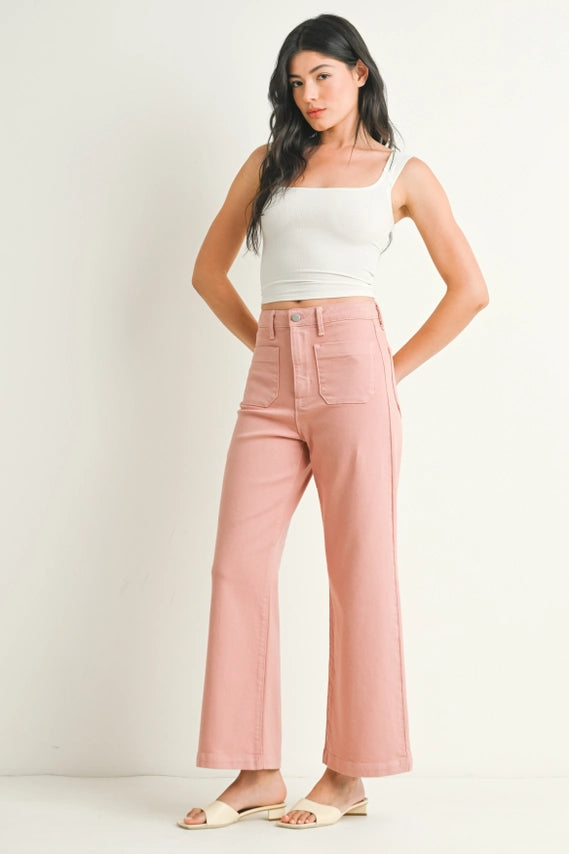 PATCH POCKET WIDE LEG JEANS - DUSTY CORAL