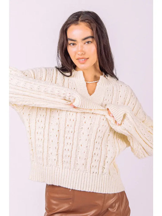 CABLE KNIT COZY KNIT SWEATER TOP - CREAM