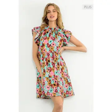 FLUTTER SLEEVE TIERED PRINT DRESS - AQUA