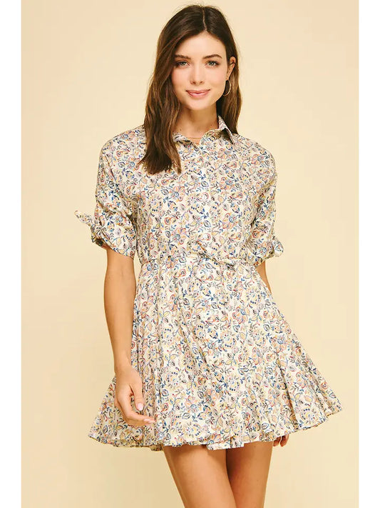 FLORAL BUTTON DOWN MINI DRESS - OFF WHITE MULTI