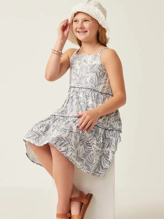 GIRLS BOTANICAL PRINT TIERED TIE SHOULDER DRESS - BLUE