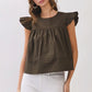 RUFFLE SLEEVE BUTTON BACK TOP - OLIVE