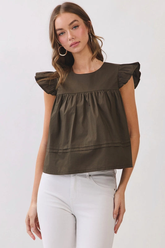 RUFFLE SLEEVE BUTTON BACK TOP - OLIVE