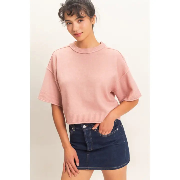 SEAM DETAIL SHORT SLEEVE KNIT TOP - DUSTY PINK