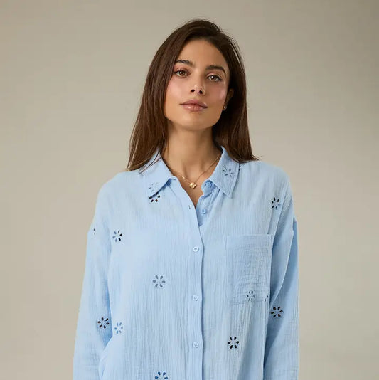 LONG SLEEVE OVERSIZE EYELET BUTTON DOWN SHIRT