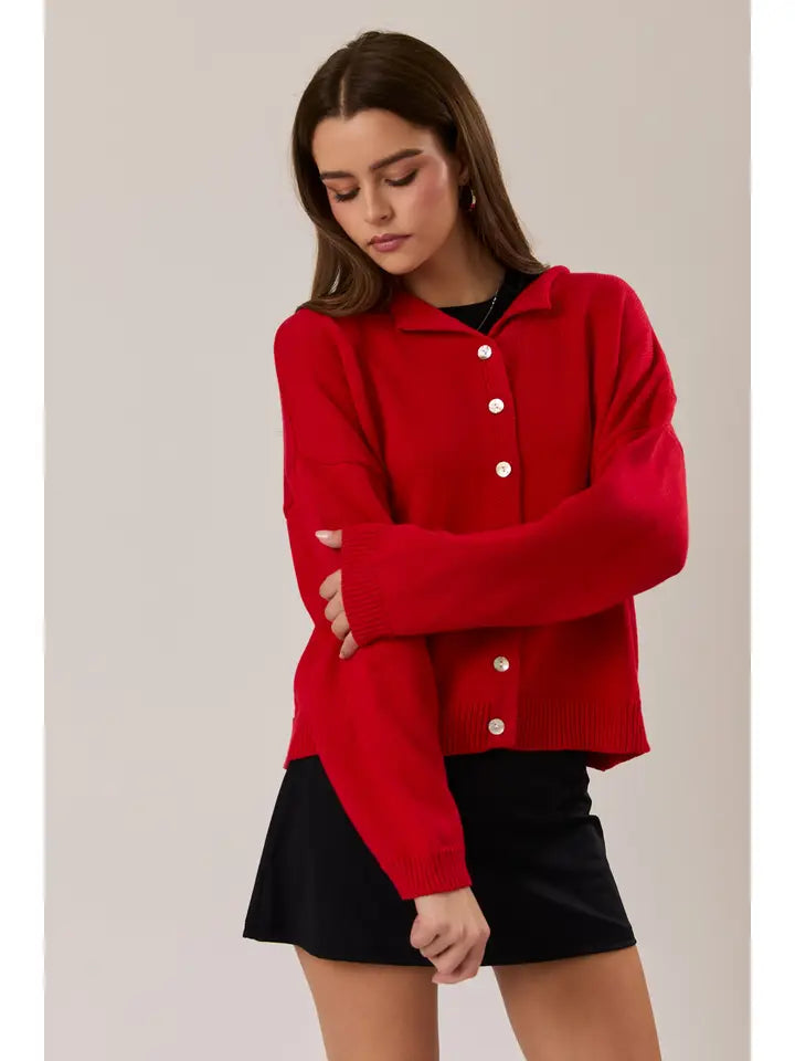 ROUND ROLLED HEMLINE DETAIL THIN SWEATER CARDIGAN - RED