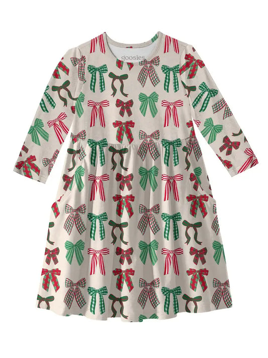 HOLIDAY BOWS 3/4 SLEEVE DRESS