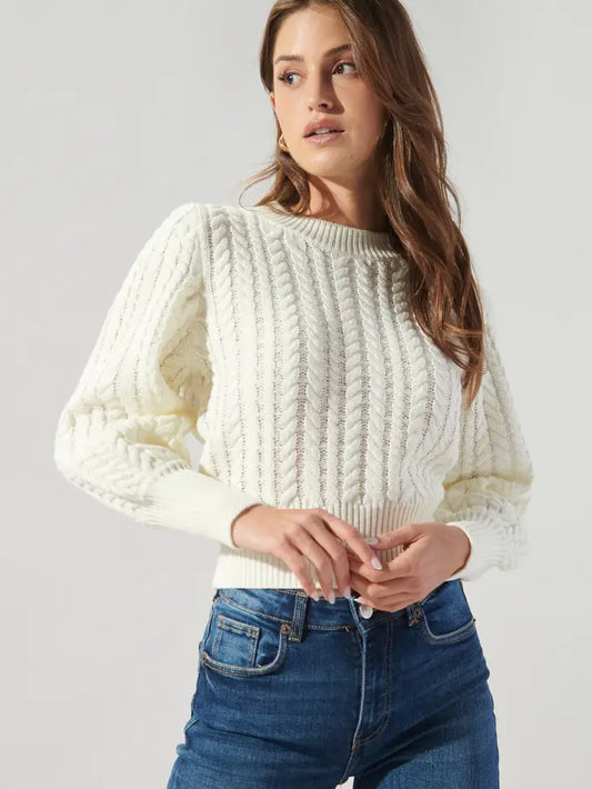 ASHTYN CABLE KNIT WHITE BALLOON SLEEVE SWEATER