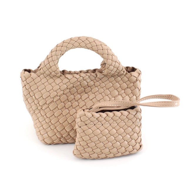 SMALL WOVEN TOTE CROSSBODY BAG W/COSMETIC POUCH - ASSORTED COLORS