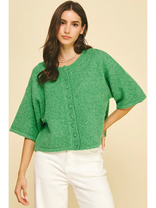 BUTTON DOWN SHORT SLEEVE SWEATER - GREEN