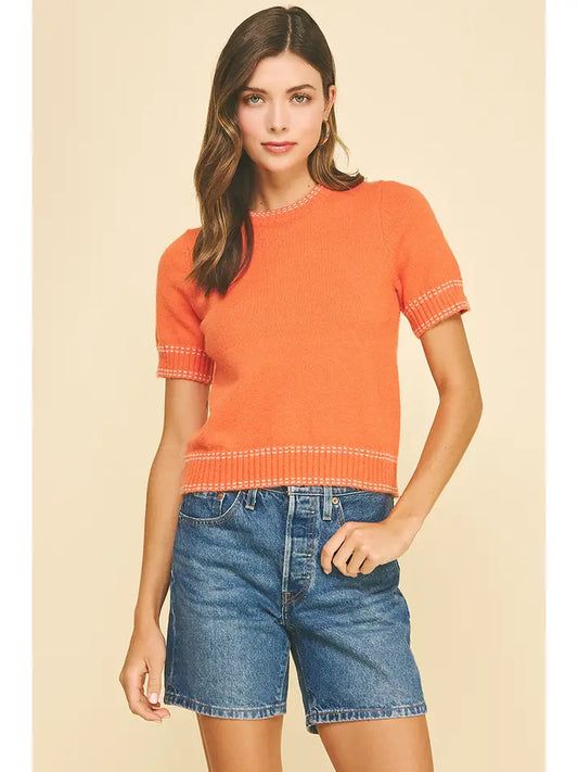 STITCH DETAILED SHORT SLEEVE SWEATER TOP - SALMON