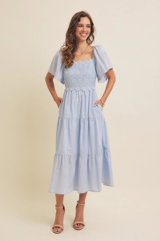 TIERED FLORAL MIDI DRESS - PASTEL BLUE