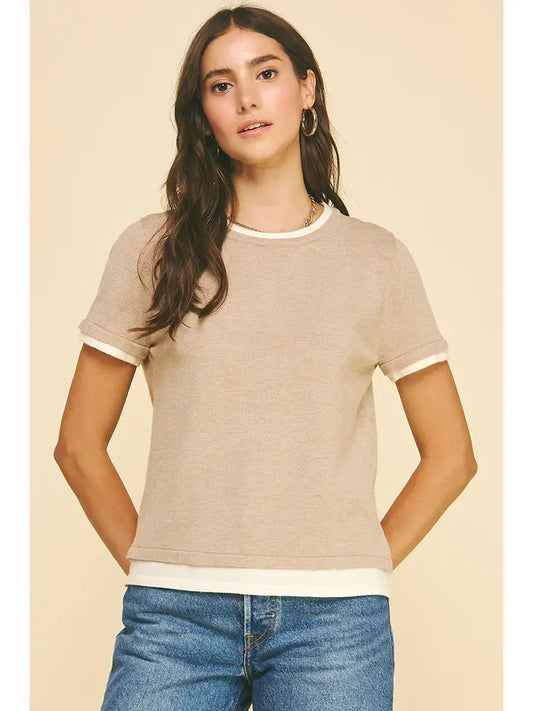 DOUBLE LAYERED KNIT TOP - TAUPE