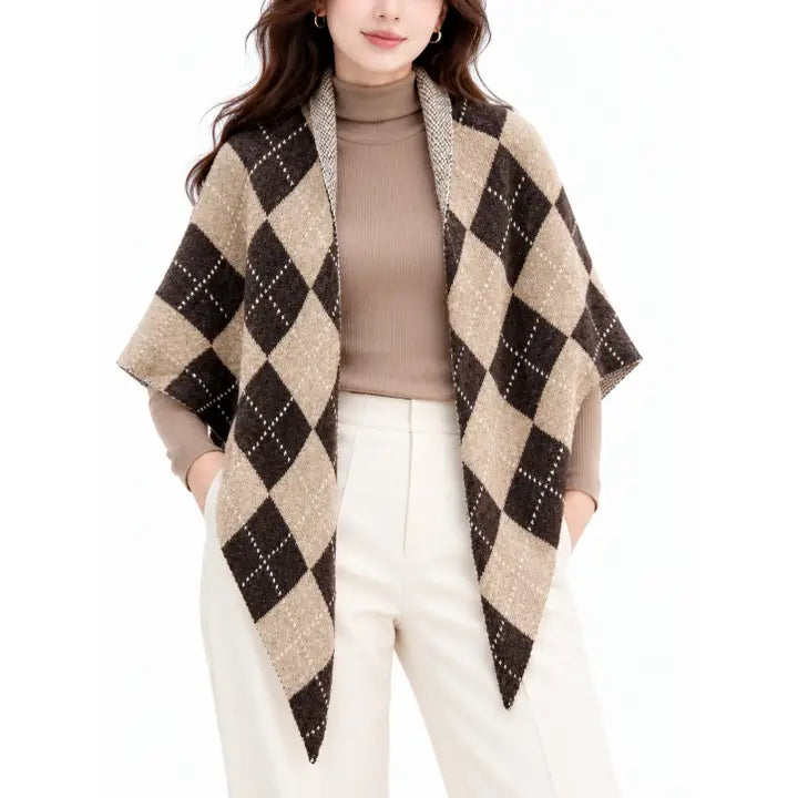 ARGYLE KNIT TRIANGLE SCARF SHAWL - COOFFE BROWN & BEIGE