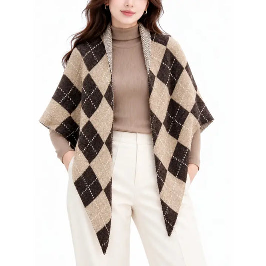 ARGYLE KNIT TRIANGLE SCARF SHAWL - COOFFE BROWN & BEIGE
