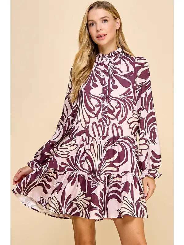 PRINTED LONG SLEEVE DRESS - BURGUNDY