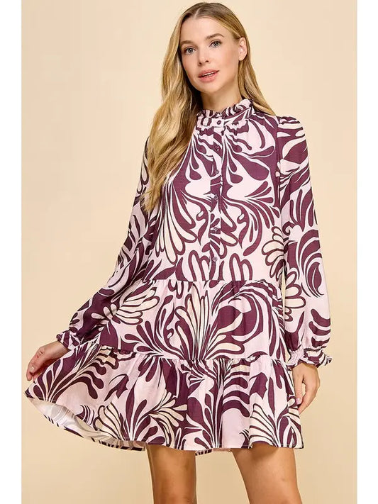 PRINTED LONG SLEEVE DRESS - BURGUNDY