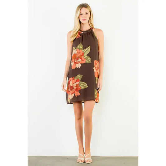 SLEEVELESS FLORAL FLOWY DRESS - BROWN
