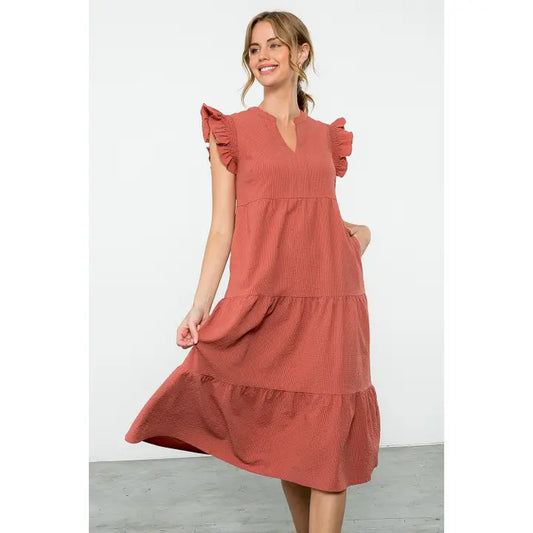 RUFFLE SLEEVE TIERED DRESS - MAUVE