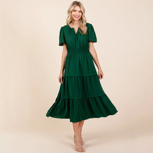 LAYERED V NECK MAXI DRESS - HUNTER GREEN