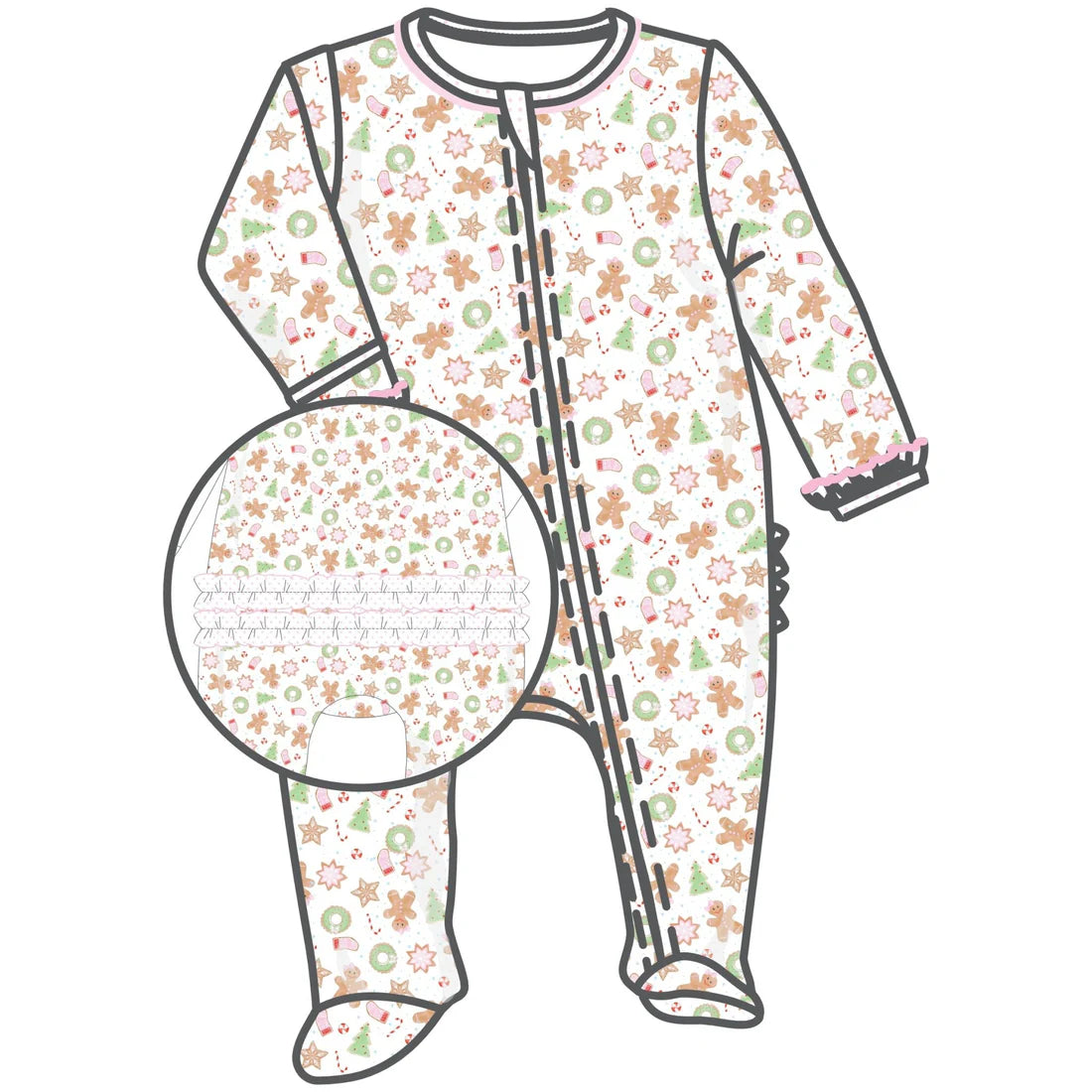 FROSTED WONDERLAND PRINTED RUFFLE ZIPPER FOOTIE - PINK