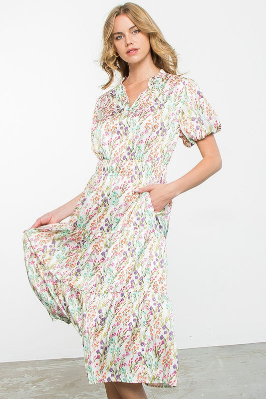 FLOWER PRINT MIDI DRESS - CREAM