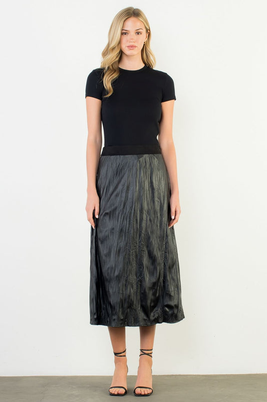 CRINKLED LEATHER MIDI SKIRT - BLACK
