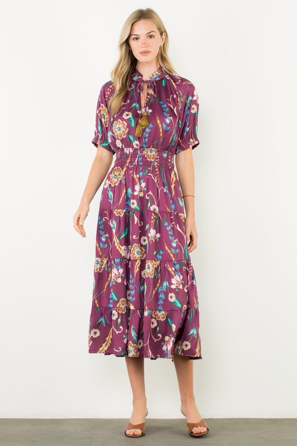 SMOCKED WAIST TASSEL FLORALMAXI DRESS - BURGUNDY