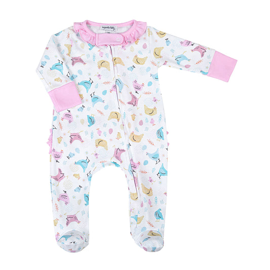 CHICKADEES PRINTED RUFFLE FOOTIE