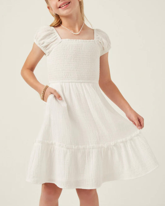 TEXTURED PUFF SLEEVE SMOCKED DRESS - IVORY