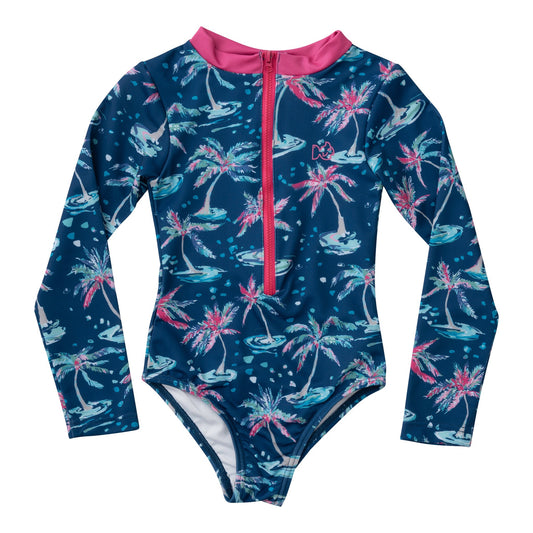 SURF AND TURF ONE PIECE SUIT - DARK BLUE PALM PRINT