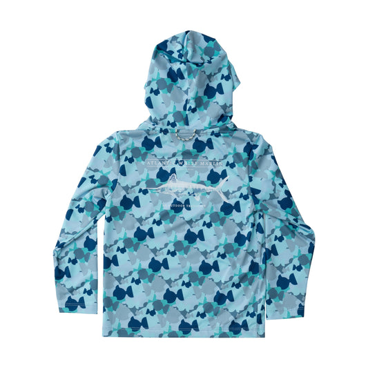 KIDS PRO PERFORMANCE HOODIE FISHING T SHIRT - BLUE CAMO
