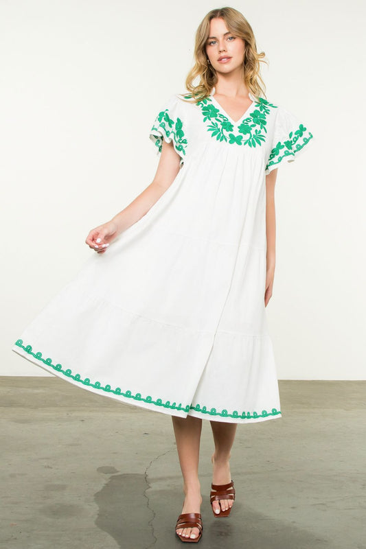 FLUTTER SLEEVE EMBROIDERED DRESS - WHITE