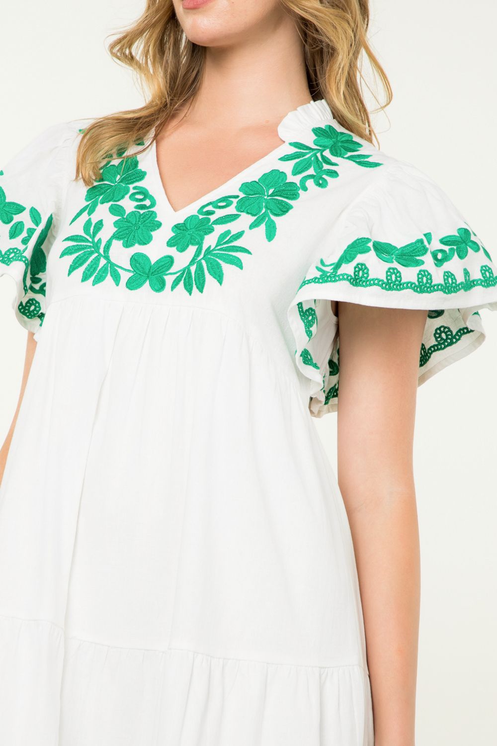 FLUTTER SLEEVE EMBROIDERED DRESS - WHITE