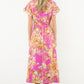 BUTTON V-NECK FLORAL BUTTON DRESS - PINK