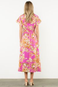BUTTON V-NECK FLORAL BUTTON DRESS - PINK