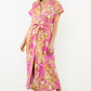BUTTON V-NECK FLORAL BUTTON DRESS - PINK