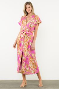 BUTTON V-NECK FLORAL BUTTON DRESS - PINK
