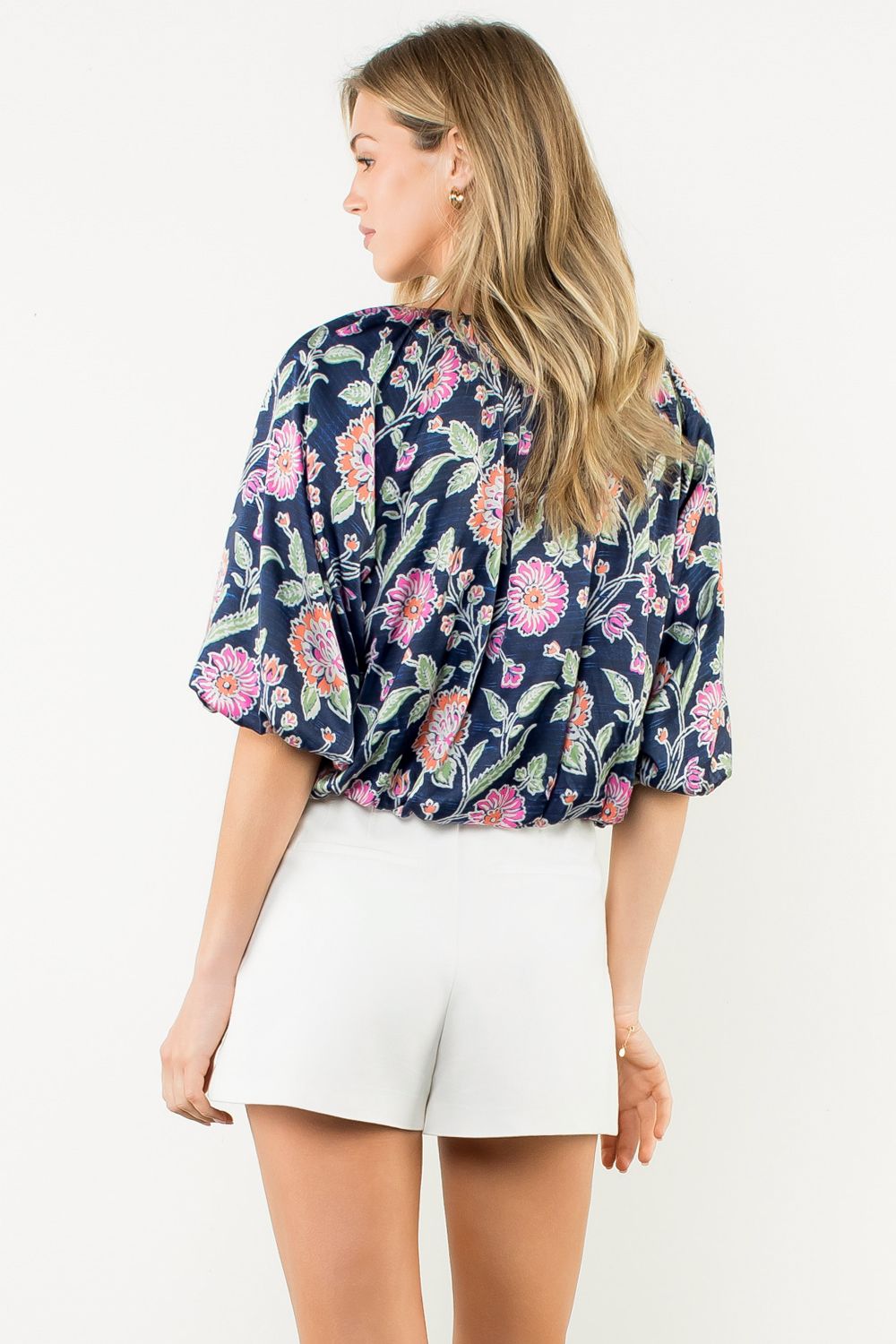 FLORAL BOATNECK BALLOON SLEEVE - NAVY