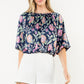 FLORAL BOATNECK BALLOON SLEEVE - NAVY