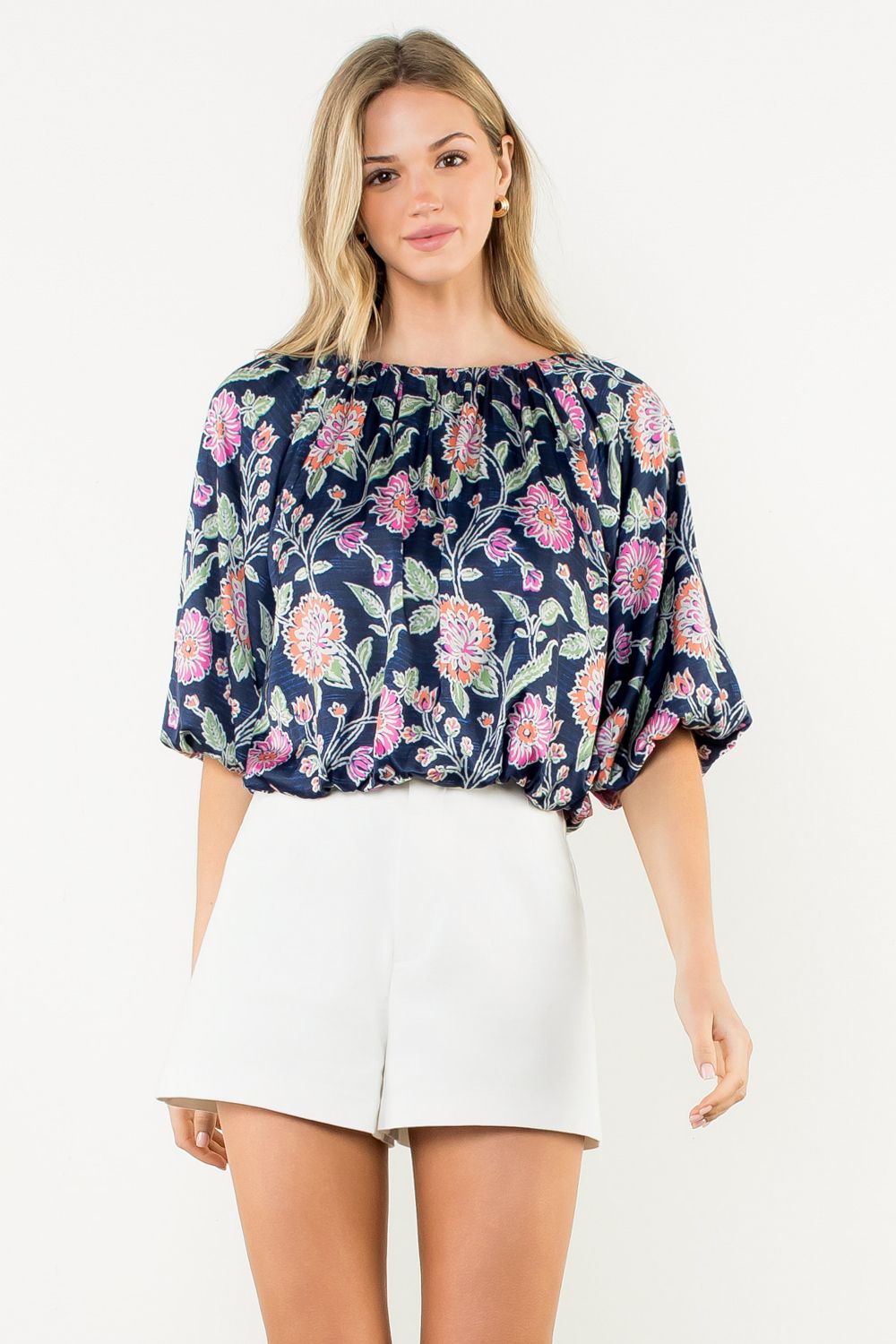 FLORAL BOATNECK BALLOON SLEEVE - NAVY