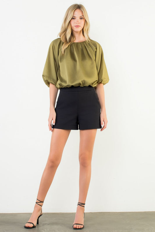 BALLOON SLEEVE SATIN BOATNECK TOP - GREEN