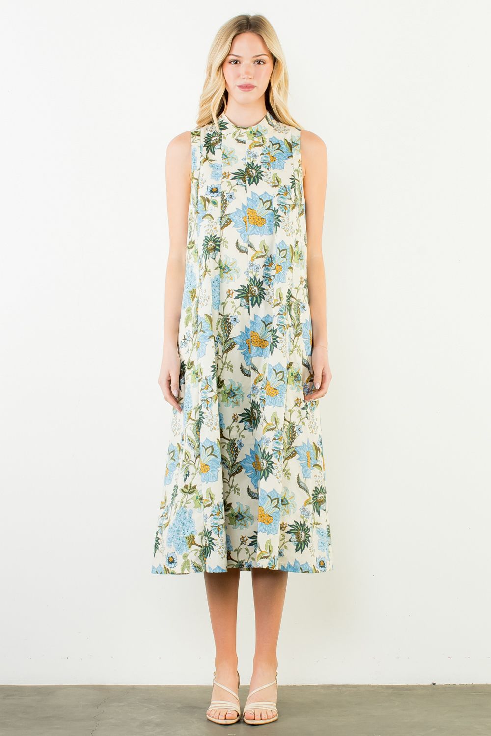 SLEEVELESS FLORAL PATTERN DRESS - BEIGE