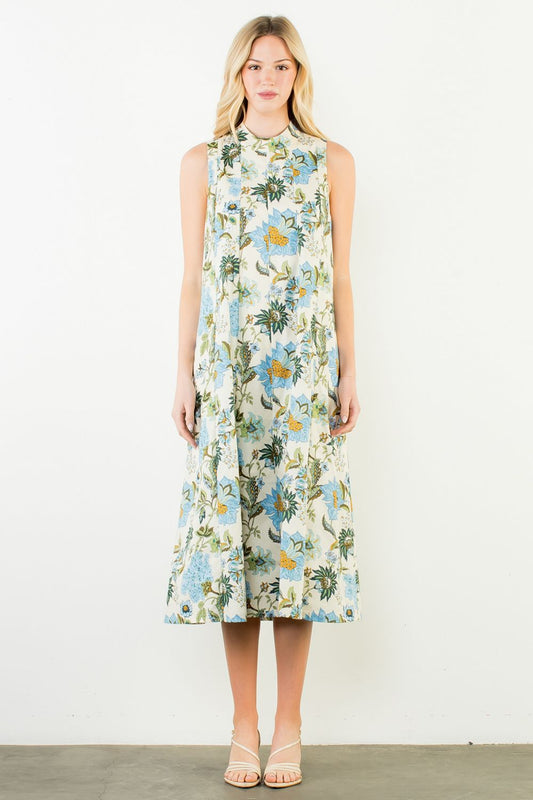 SLEEVELESS FLORAL PATTERN DRESS - BEIGE