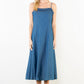 THIN STRAP DENIM MIDI DRESS - DENIM BLUE